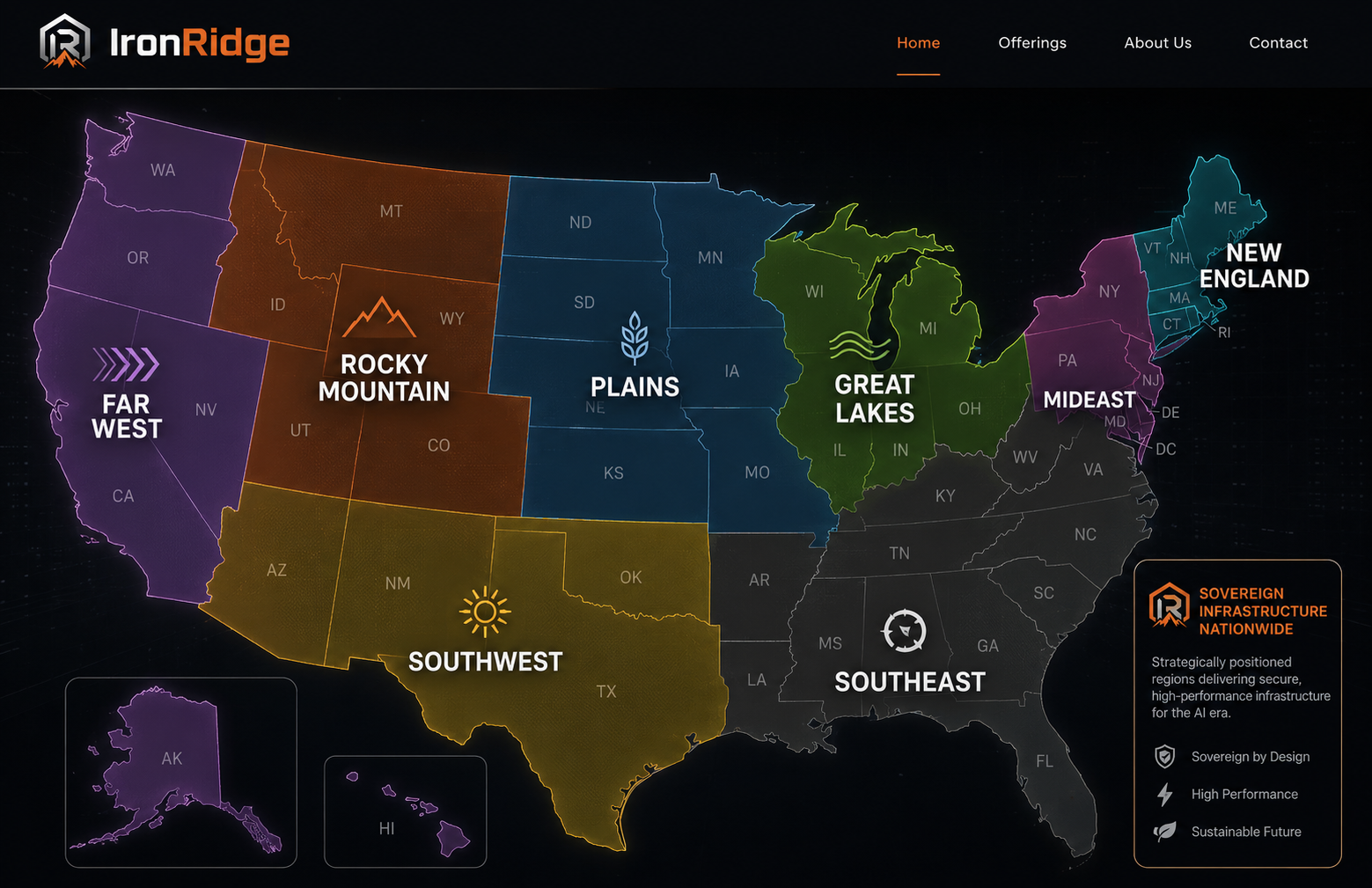 IronRidge sovereign infrastructure across eight U.S. regions — Far West, Rocky Mountain, Southwest, Plains, Great Lakes, Southeast, Mideast, and New England